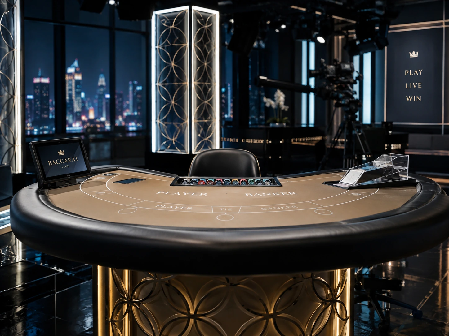 Студия live casino с пустым столом для баккары и профессиональным оборудованием